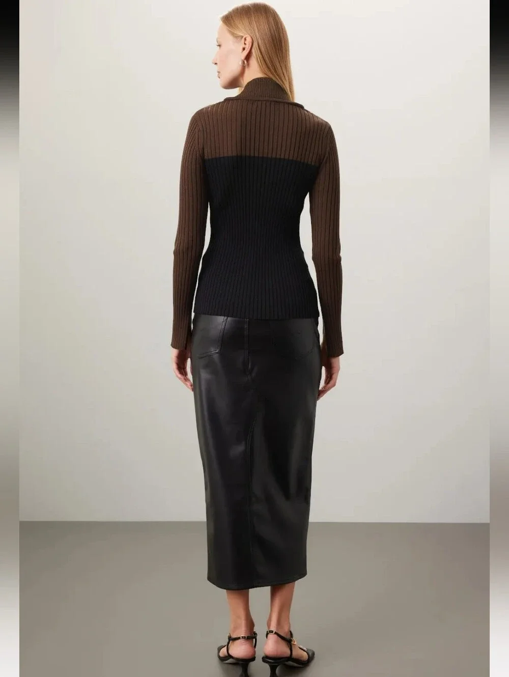 Marina Moscone Brown Colorblock Mock Neck Rib Sweater Size XS